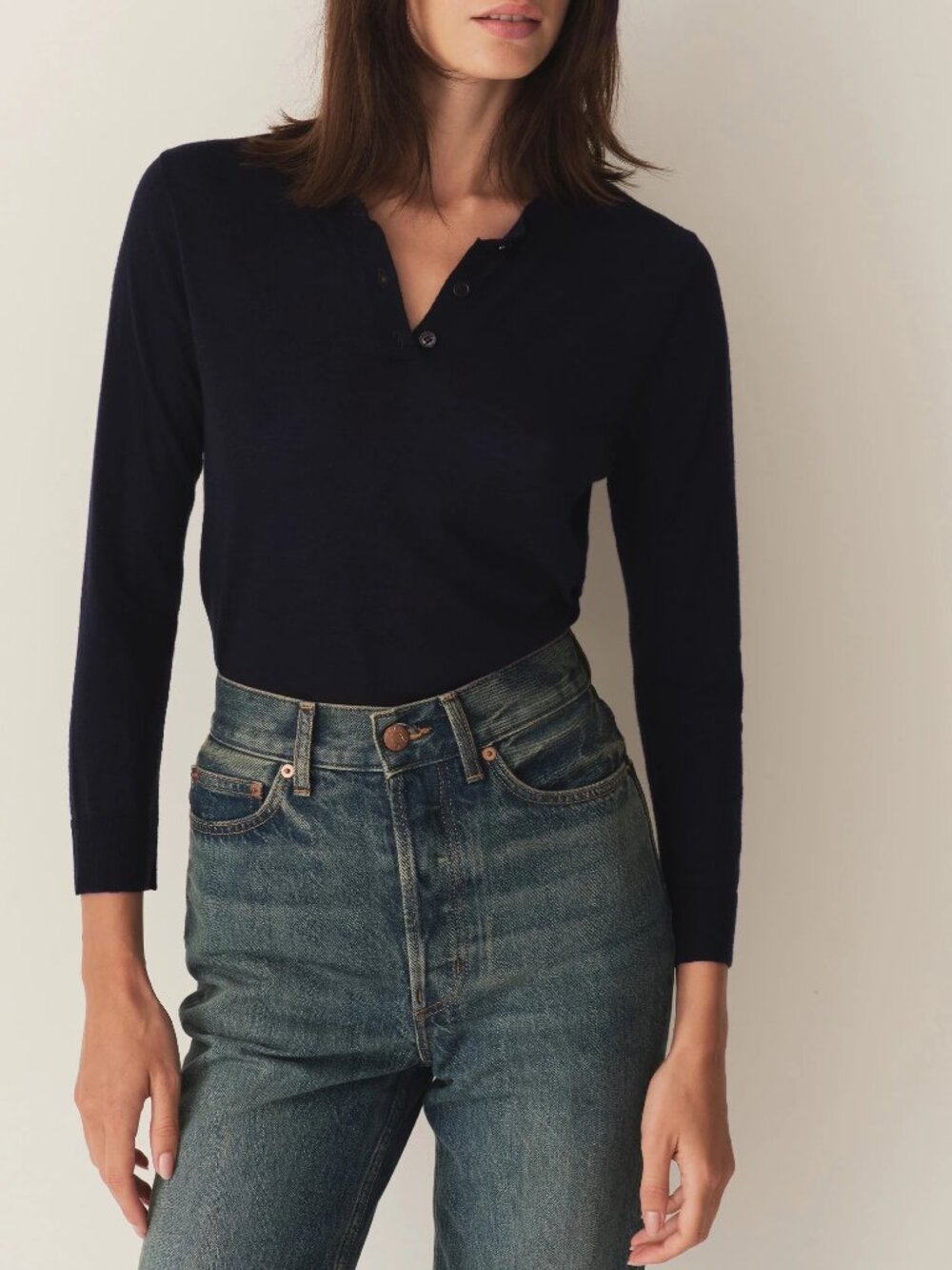 Doen Albany Wool Knit Henley, Navy, Size S